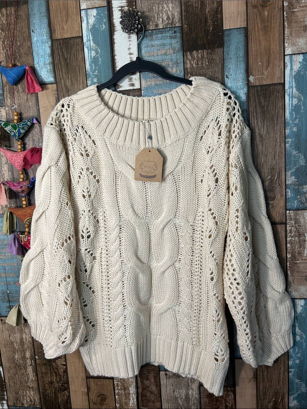 Kori Cream Openwork Cable Knit Crewneck Sweater